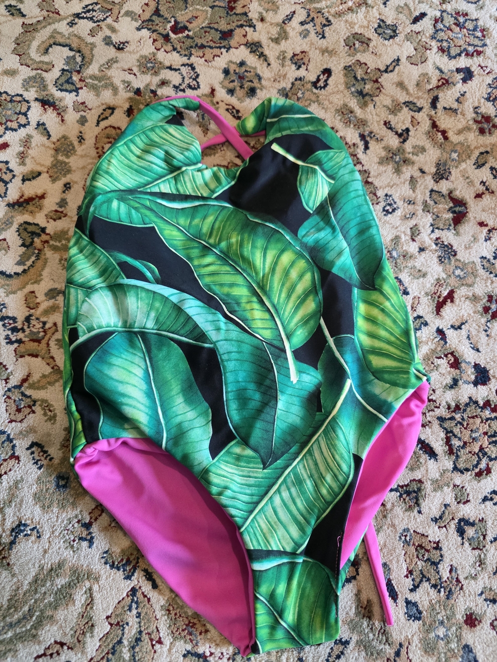 Iwa Why Girls Green Tropical Leaf One-Piece Reversible Swimsuit- Size 4